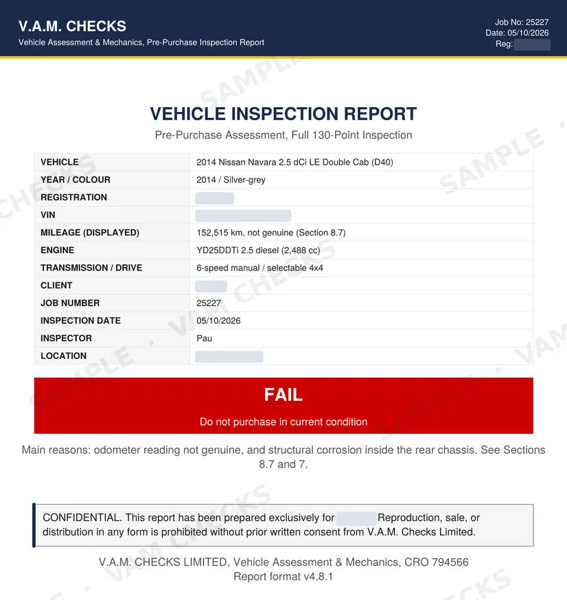 Report cover for a 2014 Nissan Navara with the verdict: fail, do not purchase